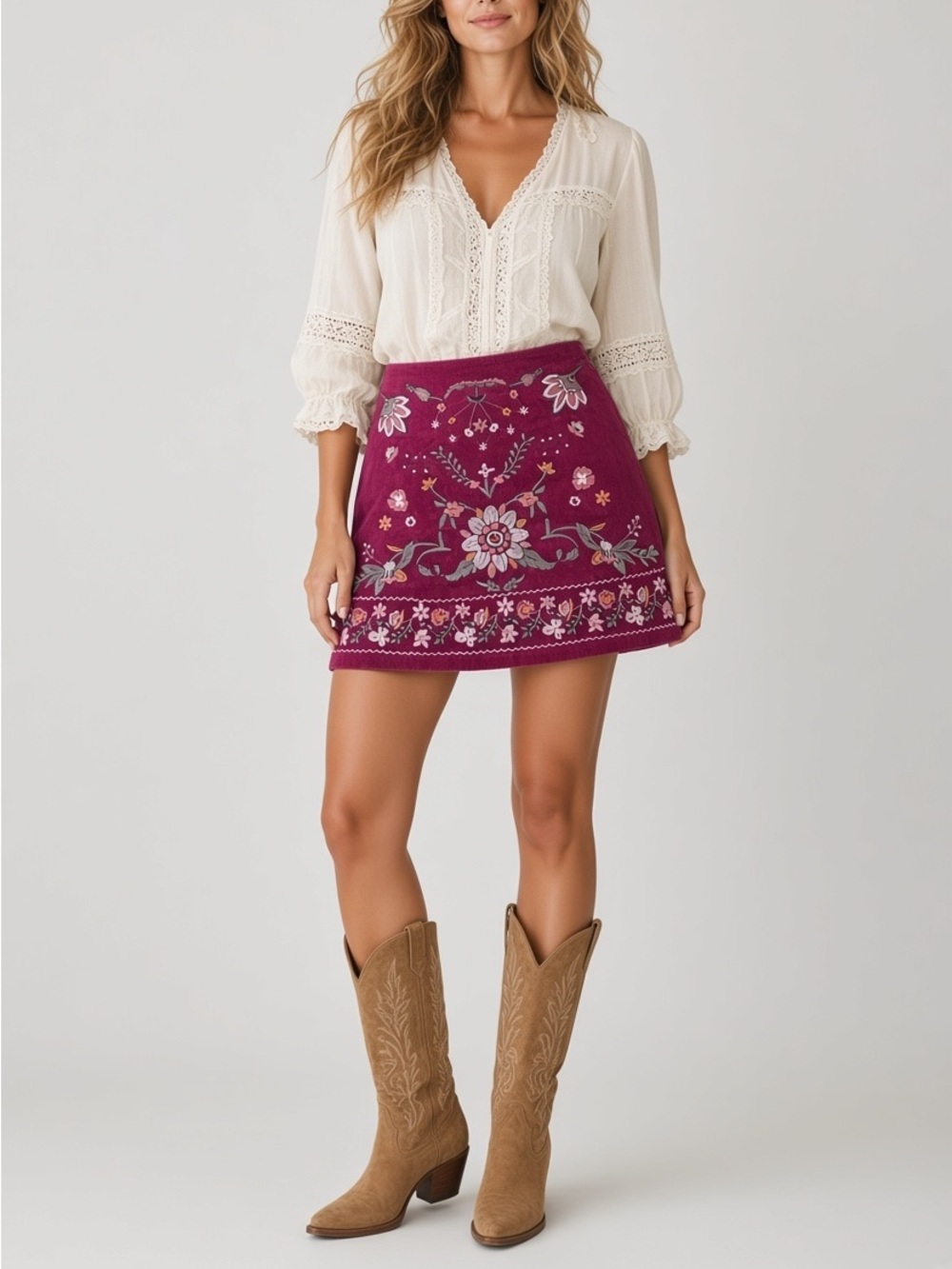 Blue Pepper Womens S Mini Skirt Heavily Embroidered Corduroy Floral Western Fall